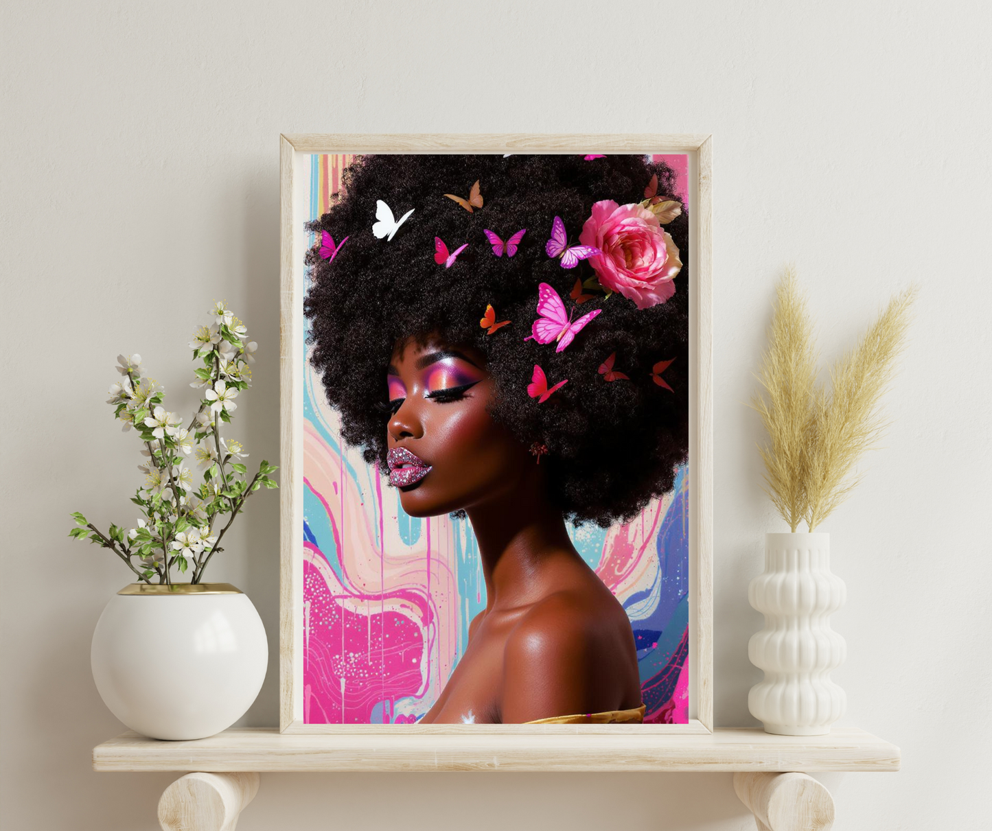 African American Woman with Butterflies & Flowers in Afro | Digital Art Poster African American woman digital poster, Afro digital art print