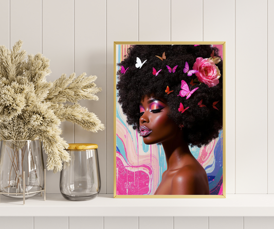 African American Woman with Butterflies & Flowers in Afro | Digital Art Poster African American woman digital poster, Afro digital art print